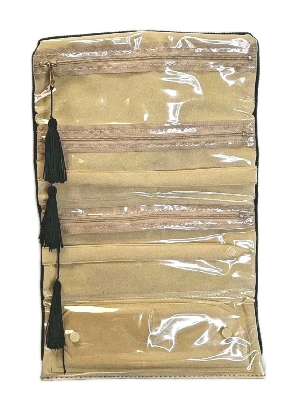 Vintage Jewelry Roll Organizer Travel Bag Packable Vacation Black Gold Brocade